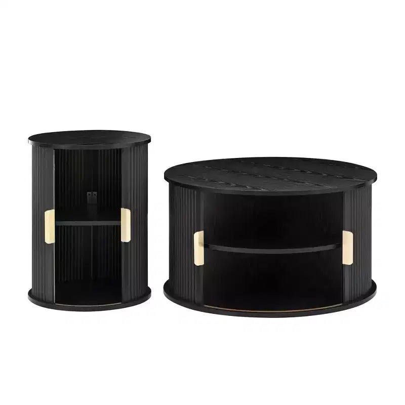 Set of 2 Nesting Coffee Table Cocktail Table Center Table Round Fluted End Table Sofa Side Table Accent Table Nightstand with Sliding Door -ModernLuxe