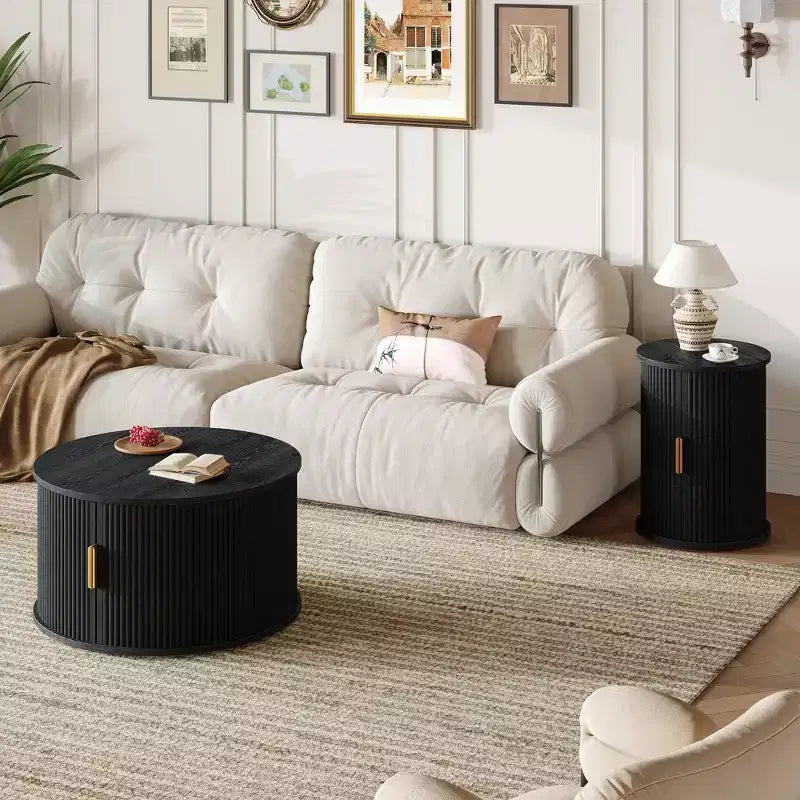 Set of 2 Nesting Coffee Table Cocktail Table Center Table Round Fluted End Table Sofa Side Table Accent Table Nightstand with Sliding Door -ModernLuxe