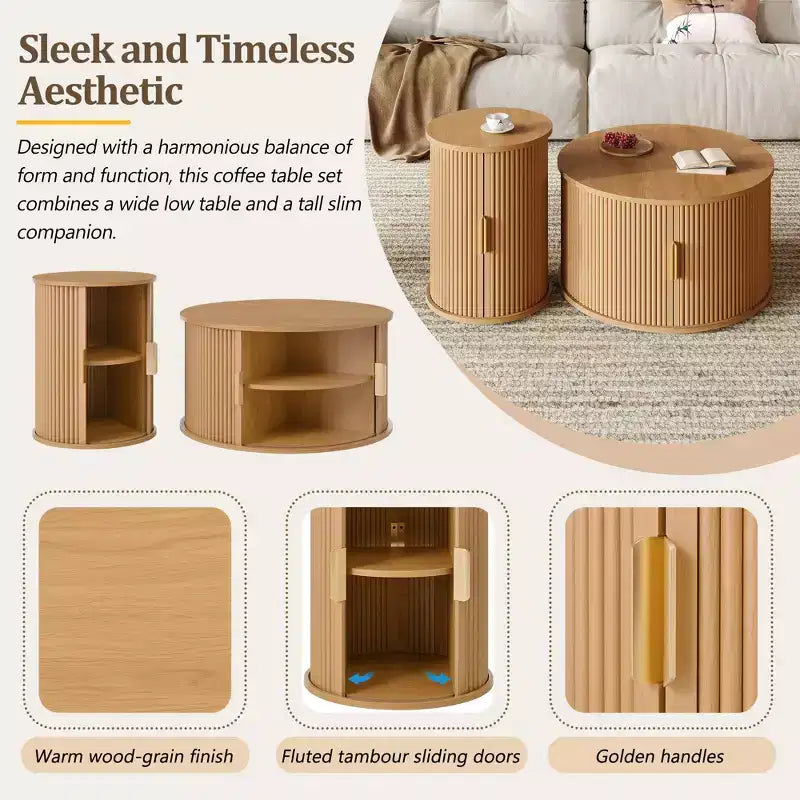Set of 2 Nesting Coffee Table Cocktail Table Center Table Round Fluted End Table Sofa Side Table Accent Table Nightstand with Sliding Door -ModernLuxe
