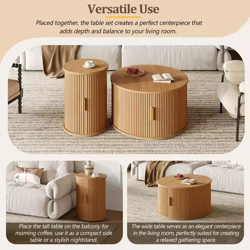Set of 2 Nesting Coffee Table Cocktail Table Center Table Round Fluted End Table Sofa Side Table Accent Table Nightstand with Sliding Door -ModernLuxe