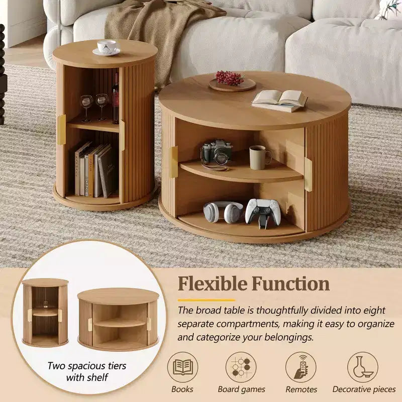 Set of 2 Nesting Coffee Table Cocktail Table Center Table Round Fluted End Table Sofa Side Table Accent Table Nightstand with Sliding Door -ModernLuxe