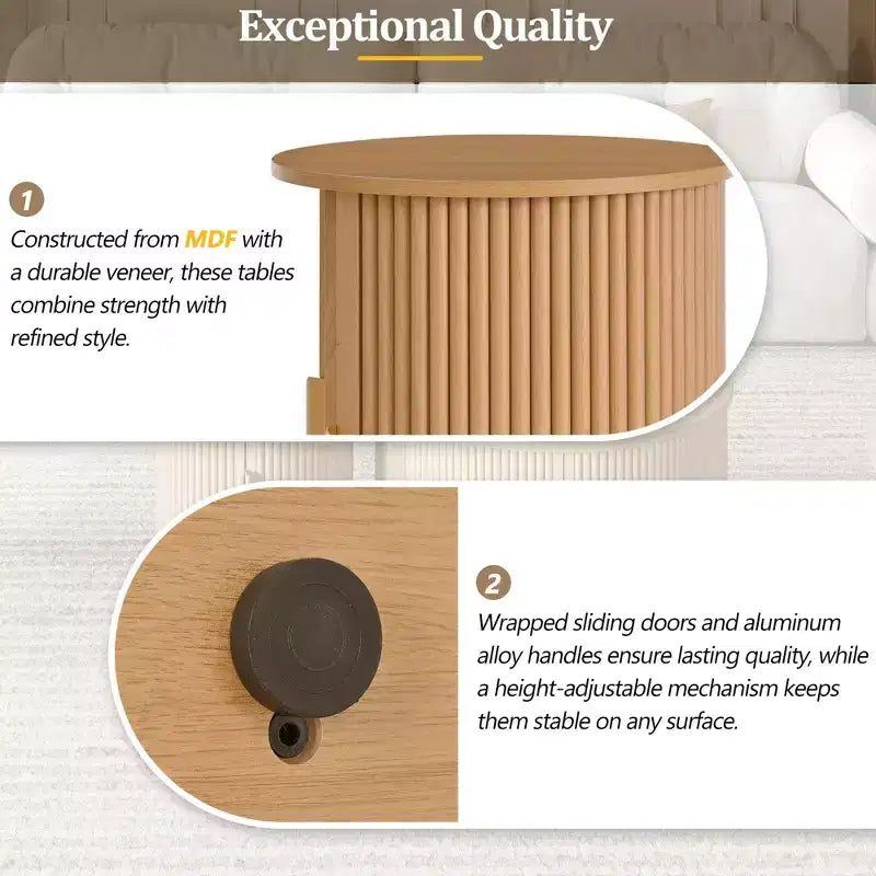 Set of 2 Nesting Coffee Table Cocktail Table Center Table Round Fluted End Table Sofa Side Table Accent Table Nightstand with Sliding Door -ModernLuxe