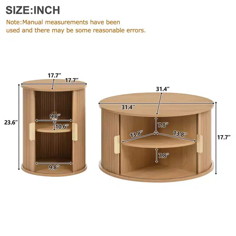 Set of 2 Nesting Coffee Table Cocktail Table Center Table Round Fluted End Table Sofa Side Table Accent Table Nightstand with Sliding Door -ModernLuxe