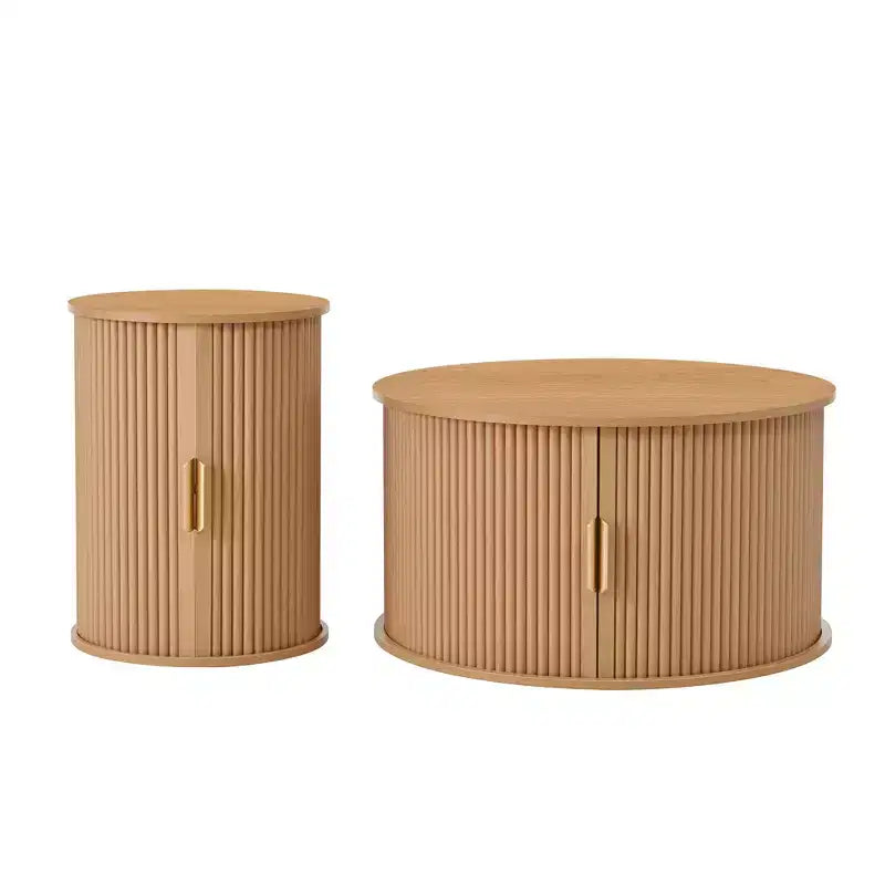 Set of 2 Nesting Coffee Table Cocktail Table Center Table Round Fluted End Table Sofa Side Table Accent Table Nightstand with Sliding Door -ModernLuxe