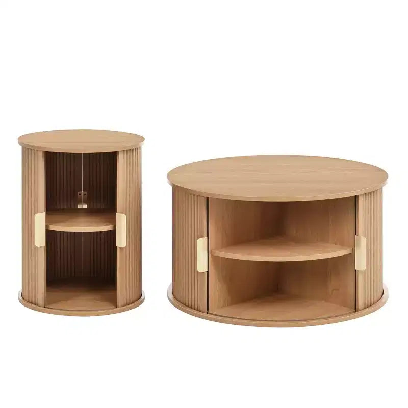 Set of 2 Nesting Coffee Table Cocktail Table Center Table Round Fluted End Table Sofa Side Table Accent Table Nightstand with Sliding Door -ModernLuxe