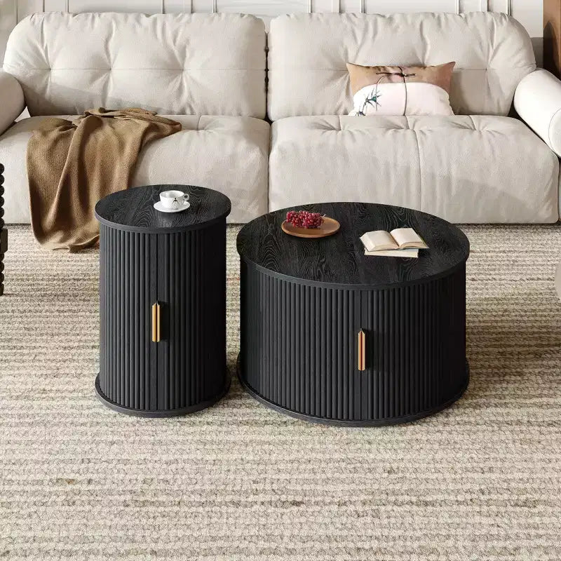 Set of 2 Nesting Coffee Table Cocktail Table Center Table Round Fluted End Table Sofa Side Table Accent Table Nightstand with Sliding Door -ModernLuxe