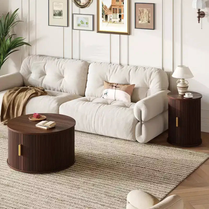 Set of 2 Nesting Coffee Table Cocktail Table Center Table Round Fluted End Table Sofa Side Table Accent Table Nightstand with Sliding Door -ModernLuxe