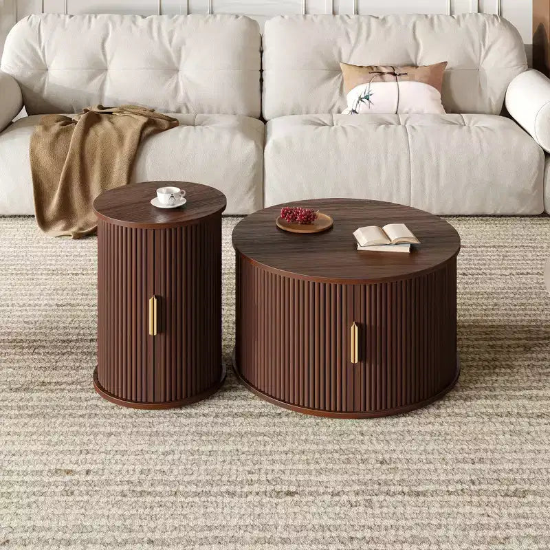 Set of 2 Nesting Coffee Table Cocktail Table Center Table Round Fluted End Table Sofa Side Table Accent Table Nightstand with Sliding Door -ModernLuxe