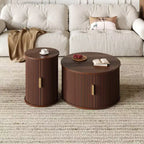 Set of 2 Nesting Coffee Table Cocktail Table Center Table Round Fluted End Table Sofa Side Table Accent Table Nightstand with Sliding Door -ModernLuxe
