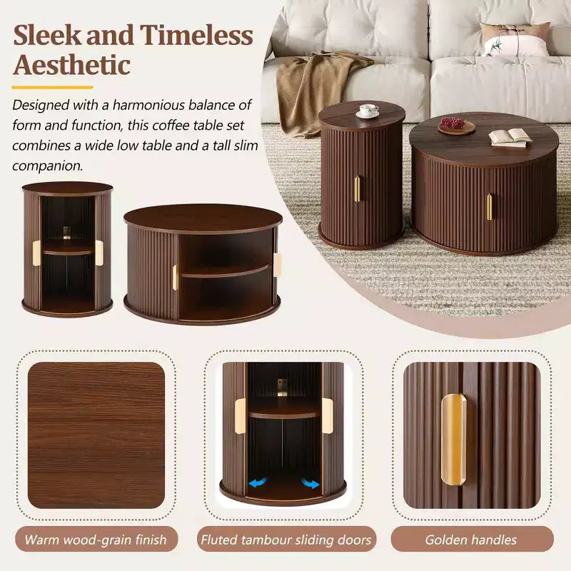 Set of 2 Nesting Coffee Table Cocktail Table Center Table Round Fluted End Table Sofa Side Table Accent Table Nightstand with Sliding Door -ModernLuxe