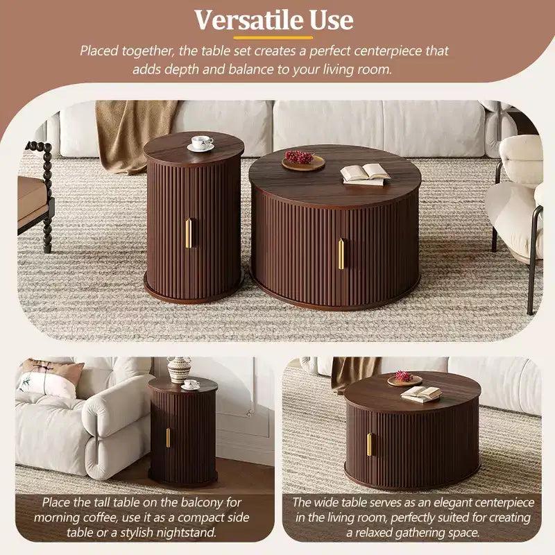Set of 2 Nesting Coffee Table Cocktail Table Center Table Round Fluted End Table Sofa Side Table Accent Table Nightstand with Sliding Door -ModernLuxe