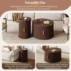 Set of 2 Nesting Coffee Table Cocktail Table Center Table Round Fluted End Table Sofa Side Table Accent Table Nightstand with Sliding Door -ModernLuxe