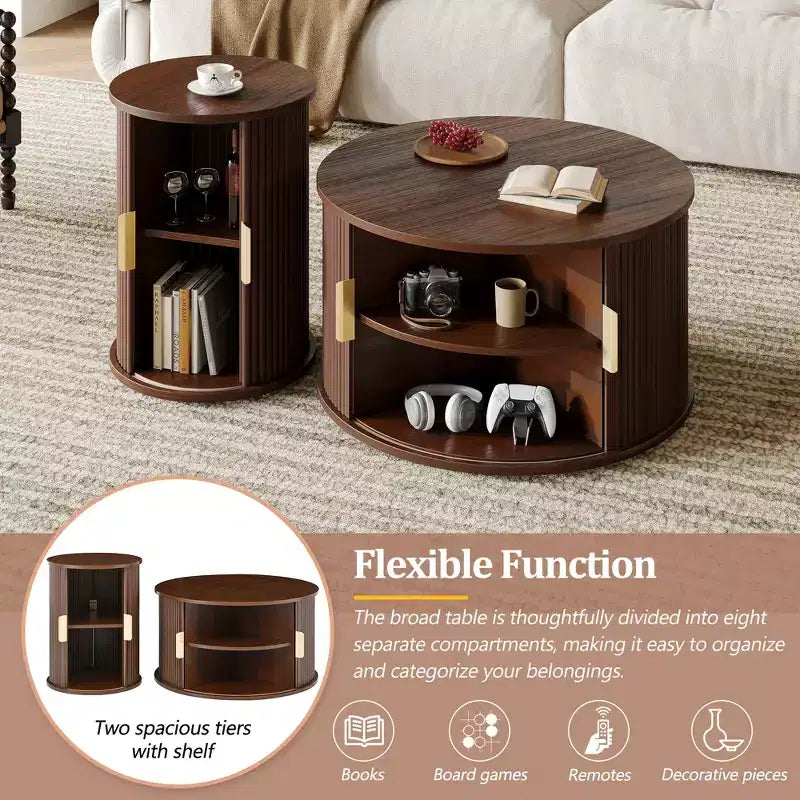 Set of 2 Nesting Coffee Table Cocktail Table Center Table Round Fluted End Table Sofa Side Table Accent Table Nightstand with Sliding Door -ModernLuxe
