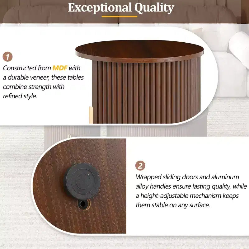 Set of 2 Nesting Coffee Table Cocktail Table Center Table Round Fluted End Table Sofa Side Table Accent Table Nightstand with Sliding Door -ModernLuxe