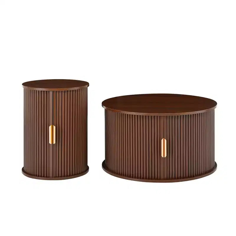 Set of 2 Nesting Coffee Table Cocktail Table Center Table Round Fluted End Table Sofa Side Table Accent Table Nightstand with Sliding Door -ModernLuxe