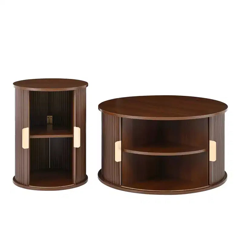 Set of 2 Nesting Coffee Table Cocktail Table Center Table Round Fluted End Table Sofa Side Table Accent Table Nightstand with Sliding Door -ModernLuxe