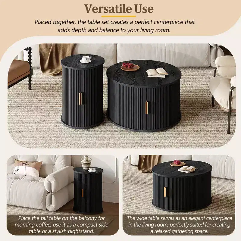 Set of 2 Nesting Coffee Table Cocktail Table Center Table Round Fluted End Table Sofa Side Table Accent Table Nightstand with Sliding Door -ModernLuxe