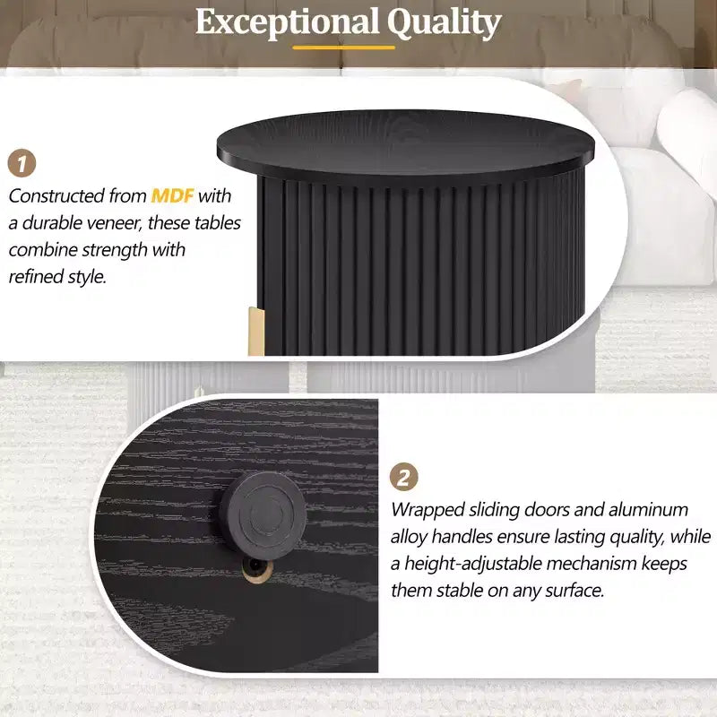 Set of 2 Nesting Coffee Table Cocktail Table Center Table Round Fluted End Table Sofa Side Table Accent Table Nightstand with Sliding Door -ModernLuxe