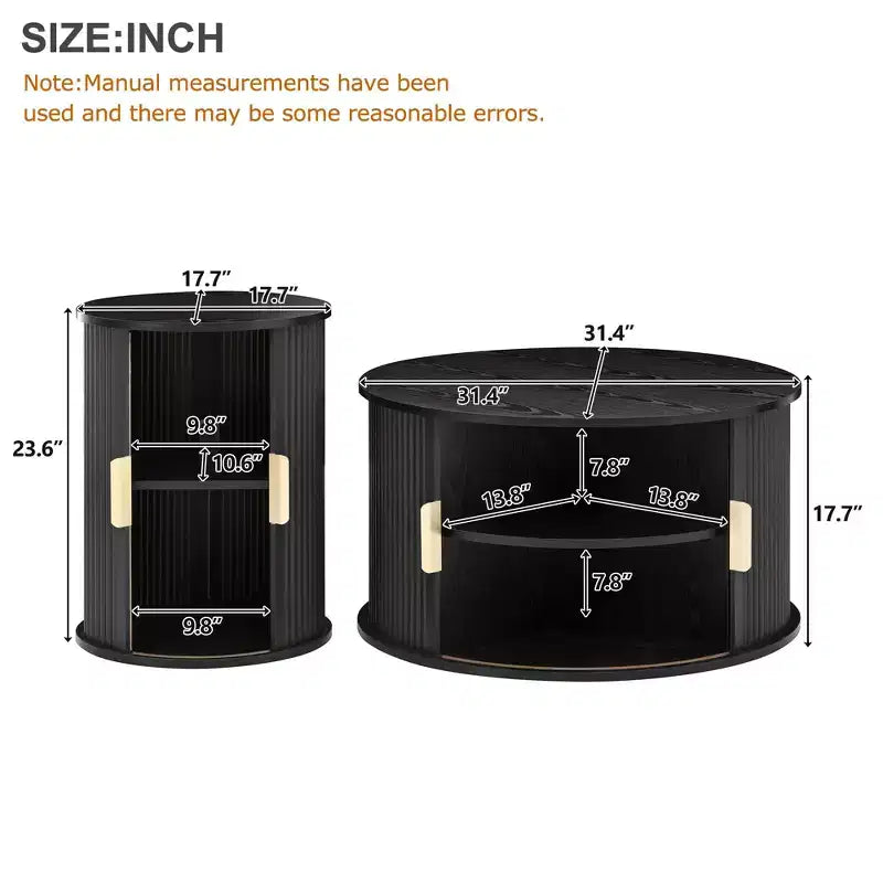 Set of 2 Nesting Coffee Table Cocktail Table Center Table Round Fluted End Table Sofa Side Table Accent Table Nightstand with Sliding Door -ModernLuxe