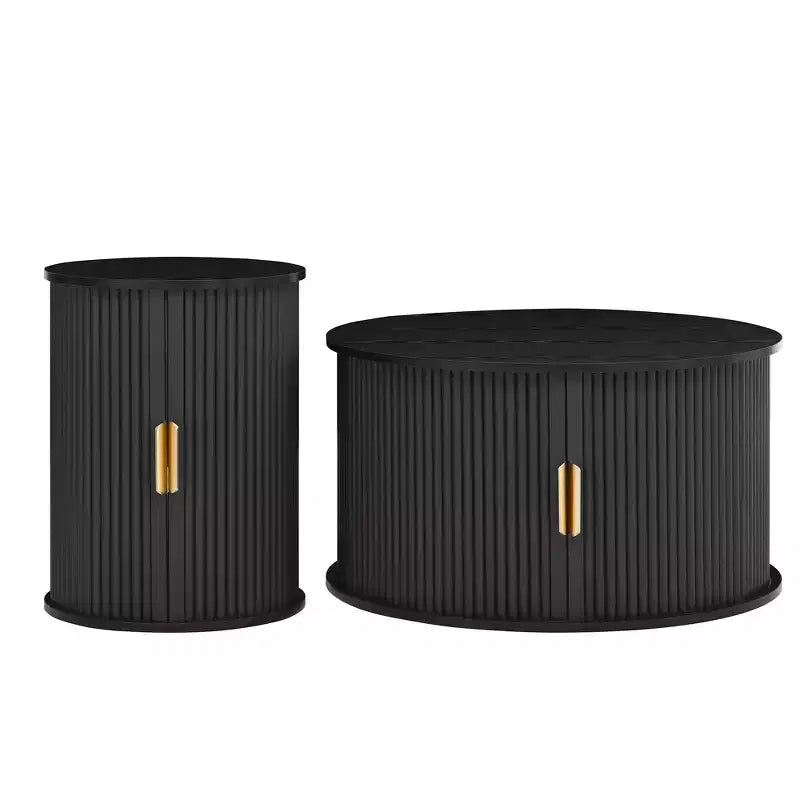 Set of 2 Nesting Coffee Table Cocktail Table Center Table Round Fluted End Table Sofa Side Table Accent Table Nightstand with Sliding Door -ModernLuxe