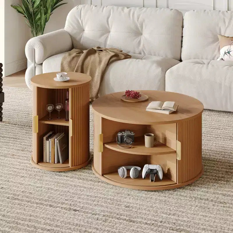 Set of 2 Nesting Coffee Table Cocktail Table Center Table Round Fluted End Table Sofa Side Table Accent Table Nightstand with Sliding Door -ModernLuxe