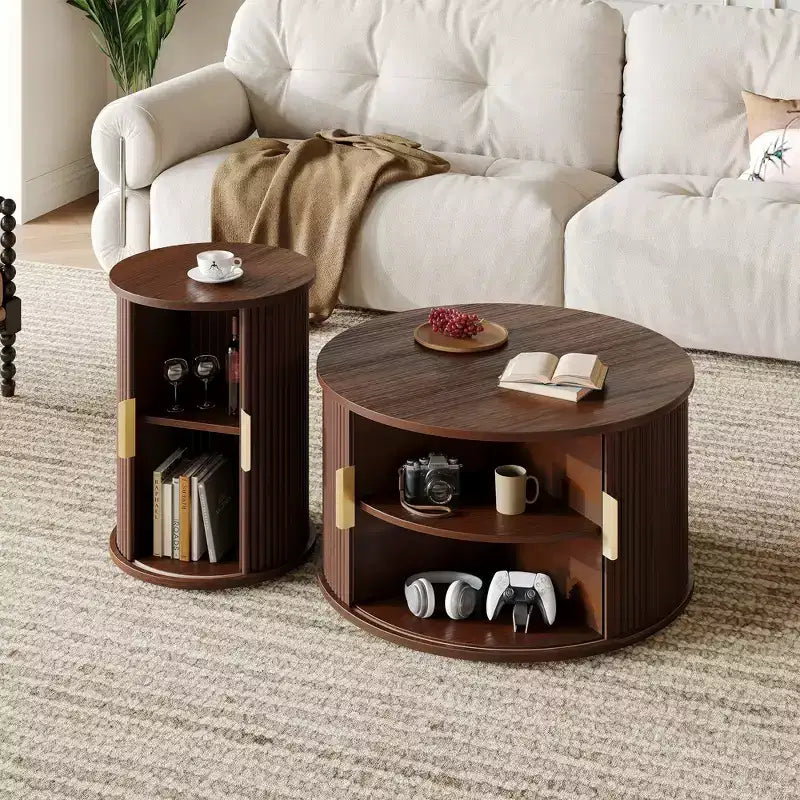 Set of 2 Nesting Coffee Table Cocktail Table Center Table Round Fluted End Table Sofa Side Table Accent Table Nightstand with Sliding Door -ModernLuxe