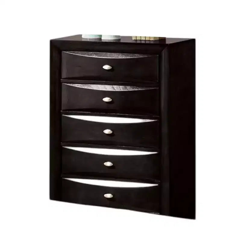 Royal Hampton Tall Dresser Chest, 5 Drawers, Chrome Handles, Modern Black Wood