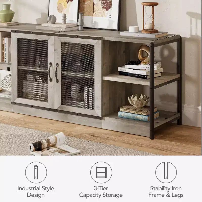 Farmhouse TV Stand for TVs,Entertainment Center with Storage Cabinet and Mesh Doors,Industrial TV Media Console Cabinet Table Media Furnitur