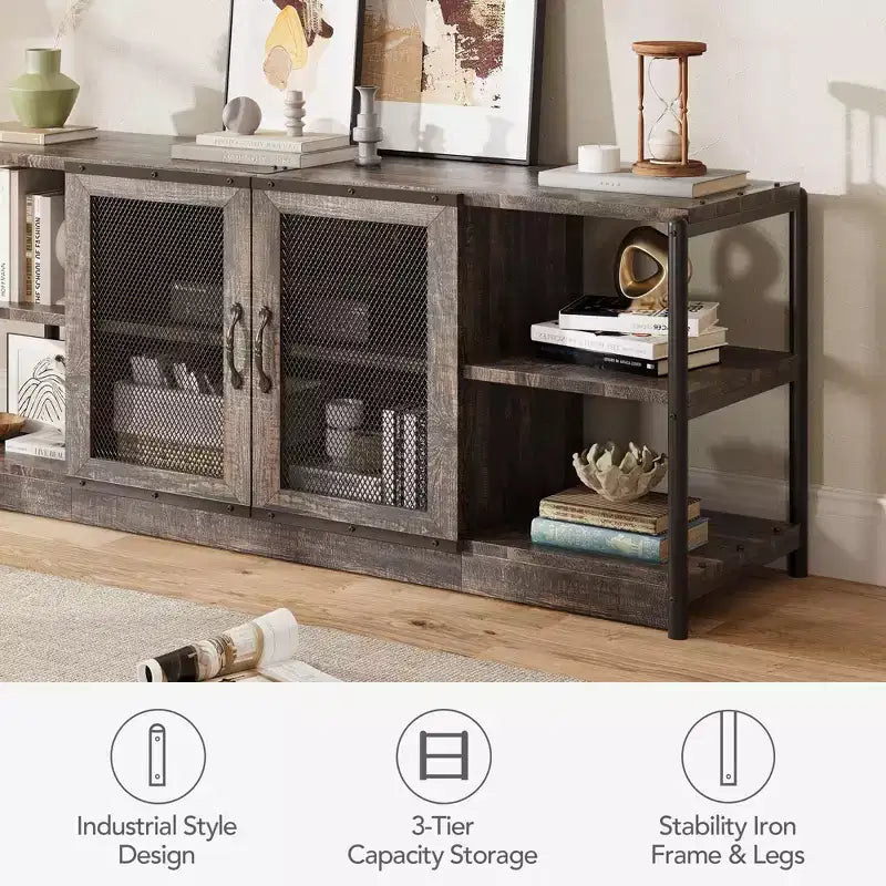 Farmhouse TV Stand for TVs,Entertainment Center with Storage Cabinet and Mesh Doors,Industrial TV Media Console Cabinet Table Media Furnitur