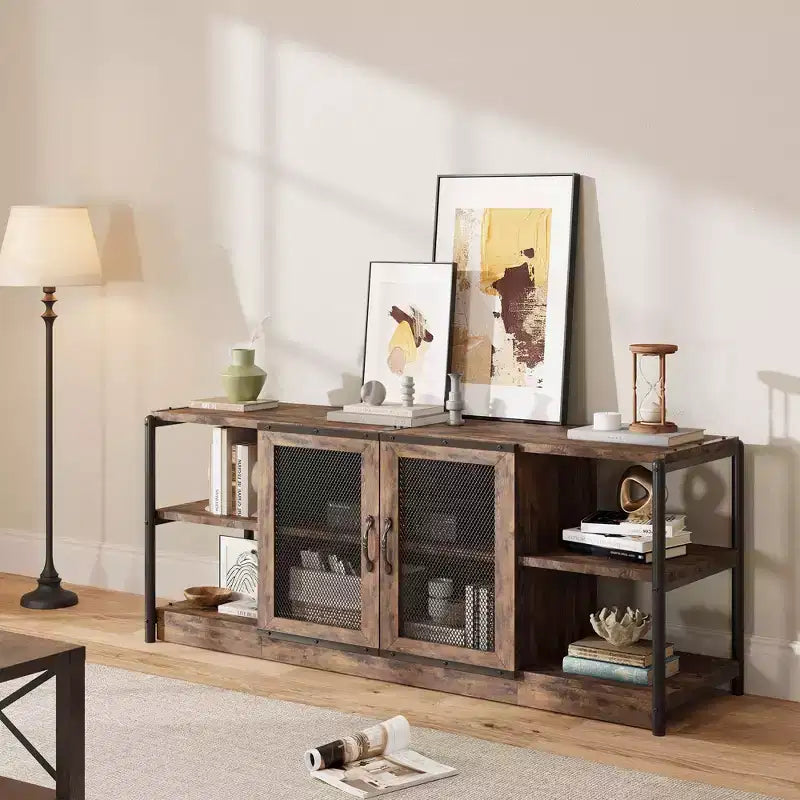 Farmhouse TV Stand for TVs,Entertainment Center with Storage Cabinet and Mesh Doors,Industrial TV Media Console Cabinet Table Media Furnitur