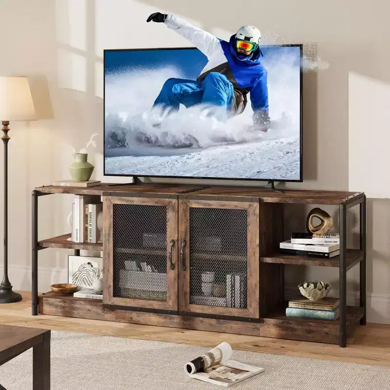 Farmhouse TV Stand for TVs,Entertainment Center with Storage Cabinet and Mesh Doors,Industrial TV Media Console Cabinet Table Media Furnitur
