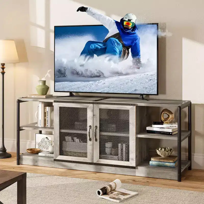 Farmhouse TV Stand for TVs,Entertainment Center with Storage Cabinet and Mesh Doors,Industrial TV Media Console Cabinet Table Media Furnitur