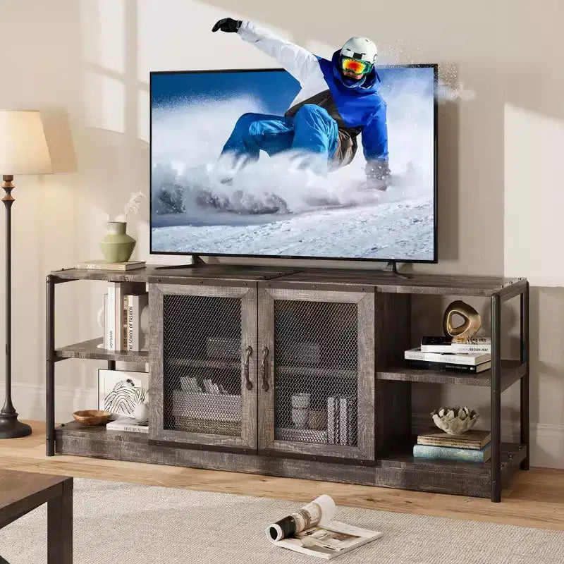Farmhouse TV Stand for TVs,Entertainment Center with Storage Cabinet and Mesh Doors,Industrial TV Media Console Cabinet Table Media Furnitur
