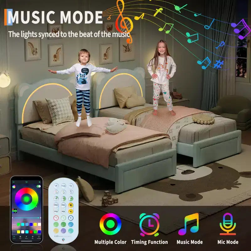 Single bed frame, padded platform bed frame with adjustable headboard and smart LED, wooden slat support, no spring mattress required.