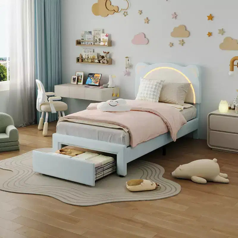 Single bed frame, padded platform bed frame with adjustable headboard and smart LED, wooden slat support, no spring mattress required.