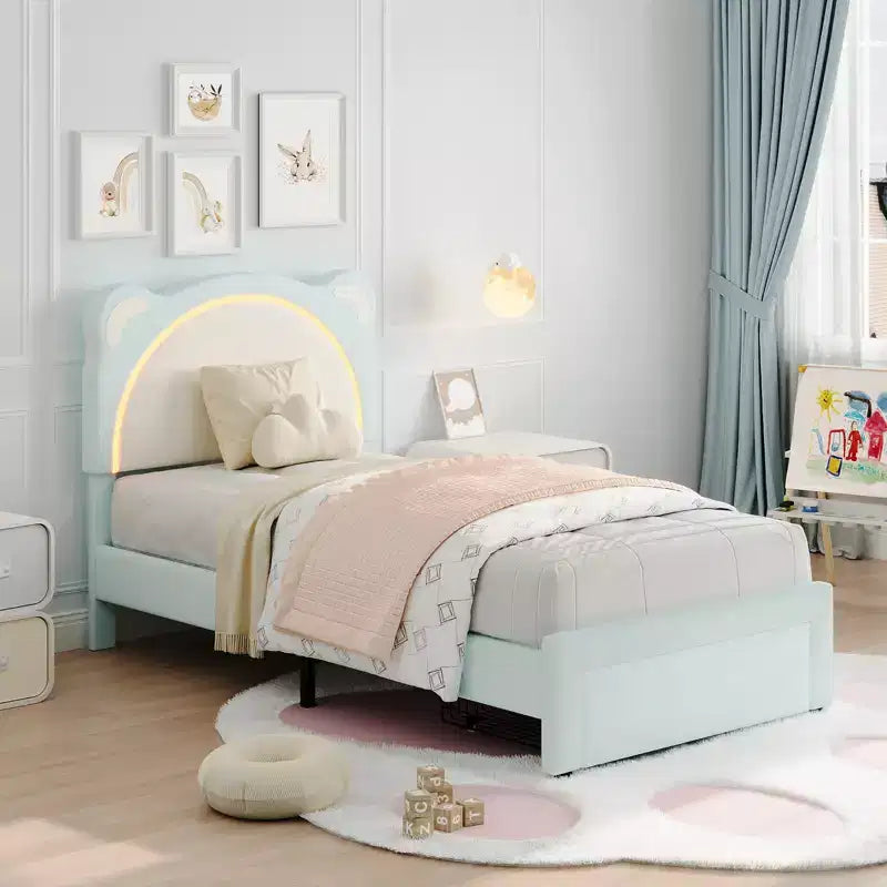 Single bed frame, padded platform bed frame with adjustable headboard and smart LED, wooden slat support, no spring mattress required.