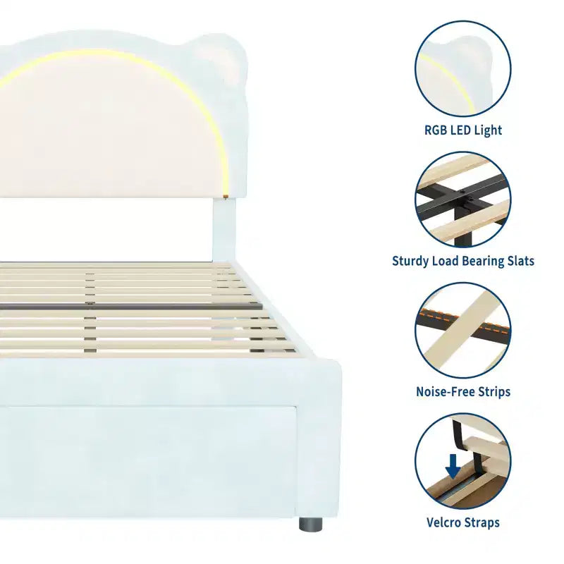 Single bed frame, padded platform bed frame with adjustable headboard and smart LED, wooden slat support, no spring mattress required.