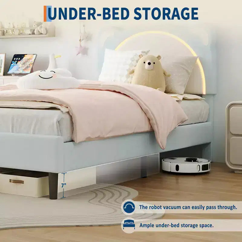Single bed frame, padded platform bed frame with adjustable headboard and smart LED, wooden slat support, no spring mattress required.