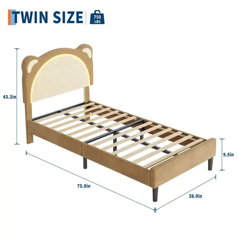 Single bed frame, padded platform bed frame with adjustable headboard and smart LED, wooden slat support, no spring mattress required.