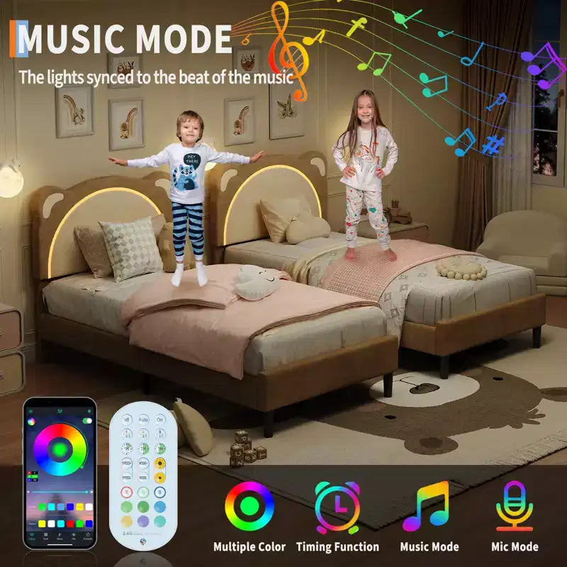 Single bed frame, padded platform bed frame with adjustable headboard and smart LED, wooden slat support, no spring mattress required.