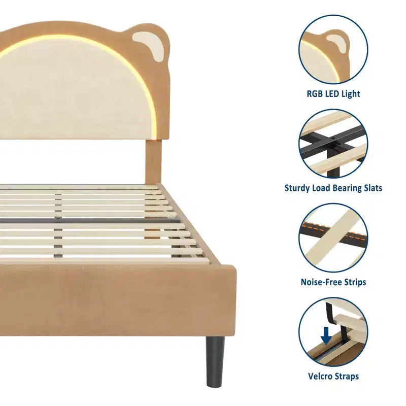 Single bed frame, padded platform bed frame with adjustable headboard and smart LED, wooden slat support, no spring mattress required.