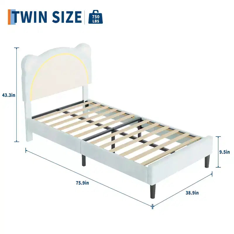 Single bed frame, padded platform bed frame with adjustable headboard and smart LED, wooden slat support, no spring mattress required.