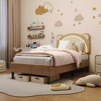 Single bed frame, padded platform bed frame with adjustable headboard and smart LED, wooden slat support, no spring mattress required.