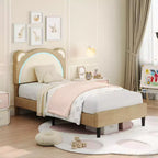 Single bed frame, padded platform bed frame with adjustable headboard and smart LED, wooden slat support, no spring mattress required.