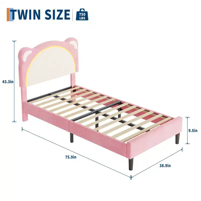 Single bed frame, padded platform bed frame with adjustable headboard and smart LED, wooden slat support, no spring mattress required.
