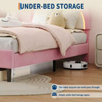 Single bed frame, padded platform bed frame with adjustable headboard and smart LED, wooden slat support, no spring mattress required.