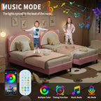 Single bed frame, padded platform bed frame with adjustable headboard and smart LED, wooden slat support, no spring mattress required.