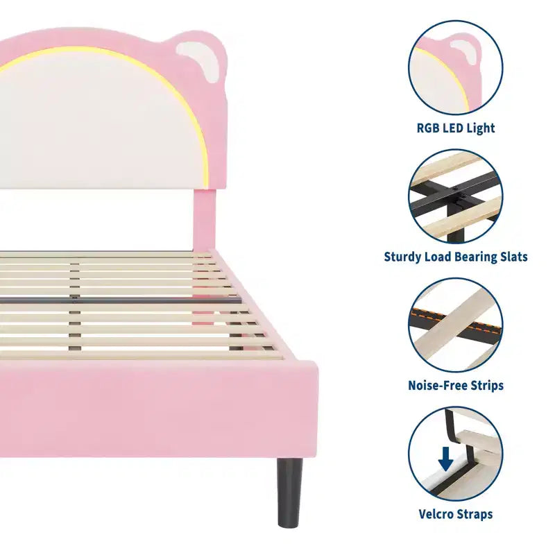 Single bed frame, padded platform bed frame with adjustable headboard and smart LED, wooden slat support, no spring mattress required.