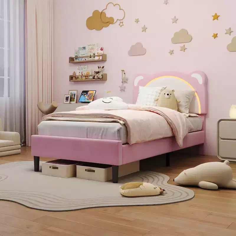 Single bed frame, padded platform bed frame with adjustable headboard and smart LED, wooden slat support, no spring mattress required.