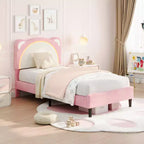 Single bed frame, padded platform bed frame with adjustable headboard and smart LED, wooden slat support, no spring mattress required.